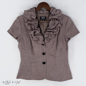 Adrianna Papell Ruffle Collar Jacket Blouse Metallic Gray Purple Size 8